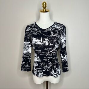 Allison Daley Petite Italy Scenic Print Top | Black White Tuscany Graphic